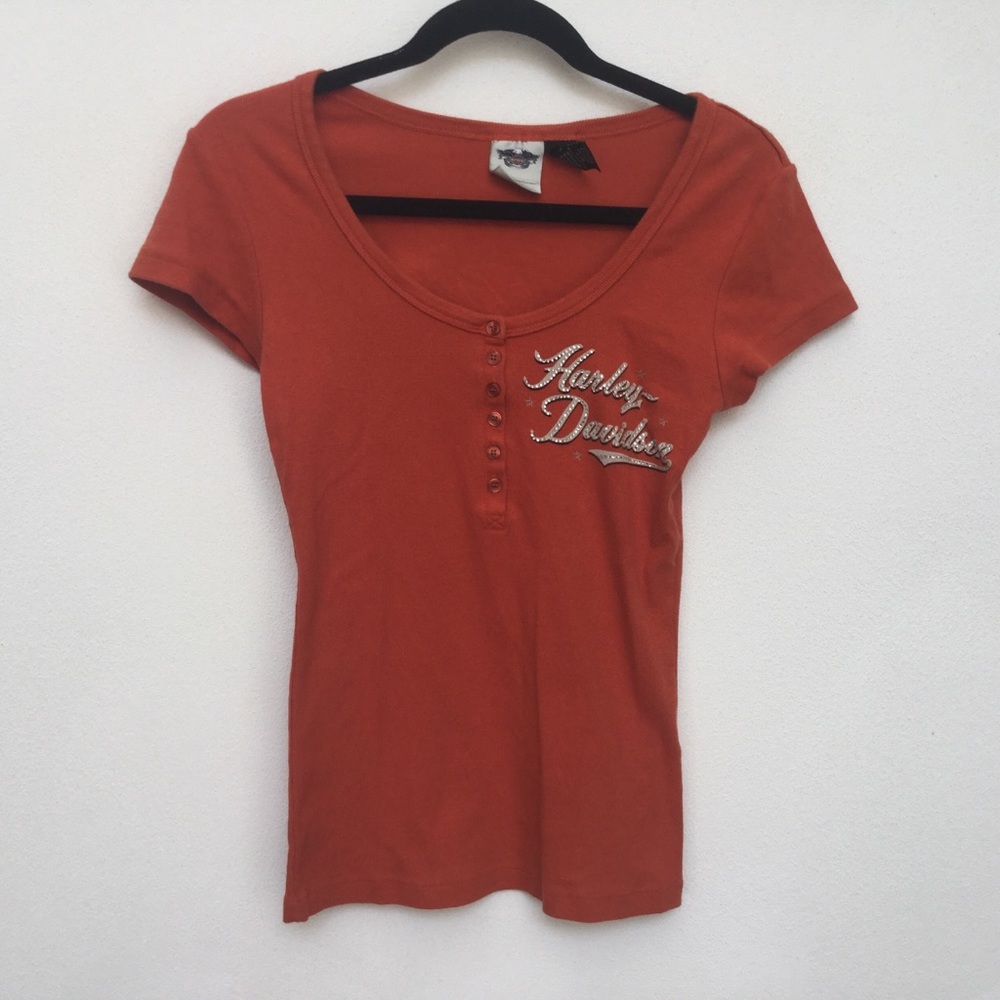 Harley Davidson Motorcycle Orange Ribbed Button Front Bedazzled T-Shirt Size M